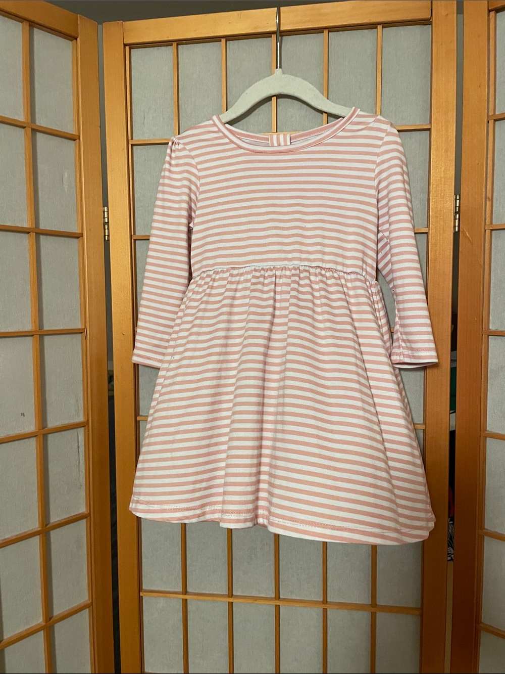 Member’s Mark Toddler Girl 2T Pink & White Striped Long Sleeve Dress Cinched